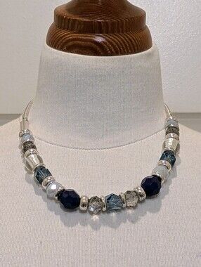 EUC Banana Republic 17"-19" Silvertone Necklace with Large Geometric Glass Beads